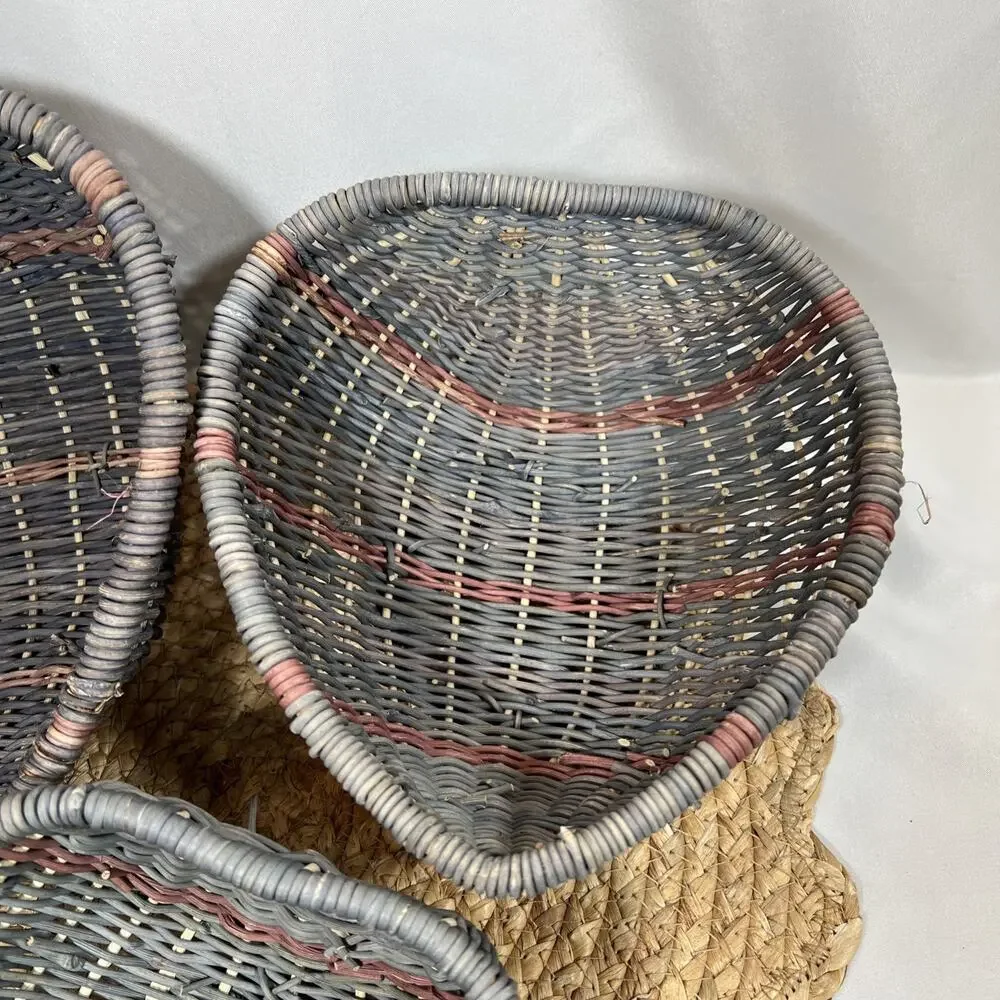 Vintage 80s Heart Wicker Nesting Baskets Set 3 Country Blue Mauve Cottage Decor
